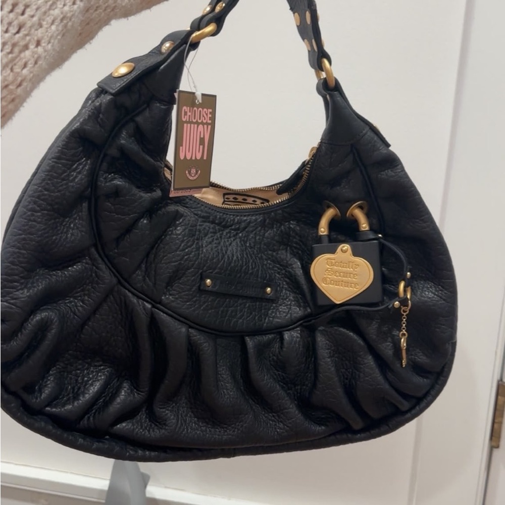Juicy Couture Black Ruched Crescent Shoulder Bag with Gold Hardware